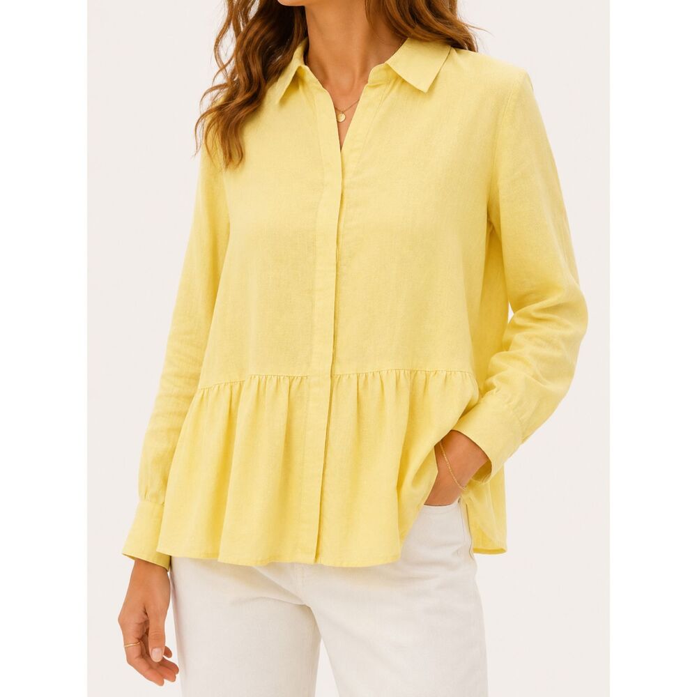 Masai 100% Linen Peplum Button Front Blouse Yellow Long Sleeve Women's M
